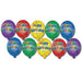 Ten colorful round foil balloons with "Happy Birthday" text in rainbow letters, arranged in two rows of five in purple, red, yellow, green, and blue.