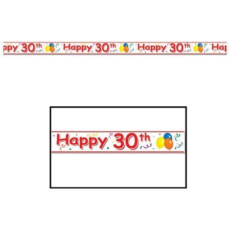 Red and white decorative tape with "Happy 30th" text and colorful balloon designs repeated across the roll.