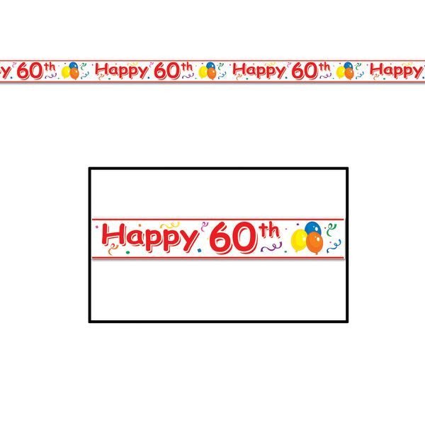 Red and white decorative tape roll with "Happy 60th" text and colorful balloon illustrations repeating across the surface.