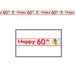 Red and white decorative tape roll with "Happy 60th" text and colorful balloon illustrations repeating across the surface.