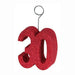 Red glittered number 30 photo holder with a wire loop at the top for displaying balloons or photos.