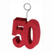 Red glittery number "50" with a metal wire loop holder on top for displaying photos or balloons.