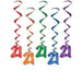 Five colorful spiral hanging decorations in red, orange, green, blue, and purple, each with a large "21" numeral attached at the bottom.