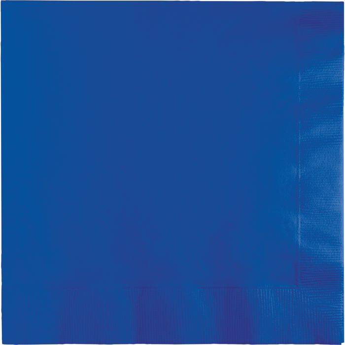 Stack of 50 cobalt blue luncheon napkins with subtle textured patterns visible on the right and bottom edges.