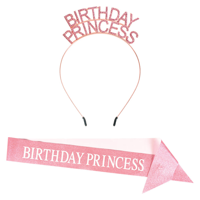 A satin sash worn across the body printed with a birthday princess hdbnd & gltrd design. Sold as a single piece.