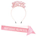 A satin sash worn across the body printed with a birthday princess hdbnd & gltrd design. Sold as a single piece.