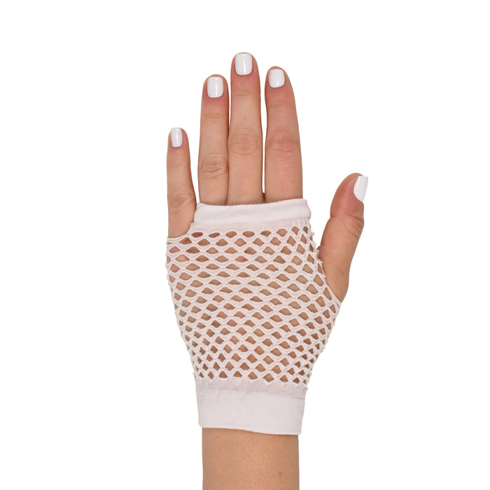A short fishnet pair of costume gloves. Sold as a single piece.