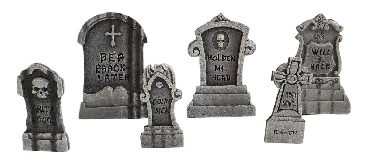 Full-length product photo of the 6 Piece Tombstone Set, shown against a plain white background. A Halloween decoration.