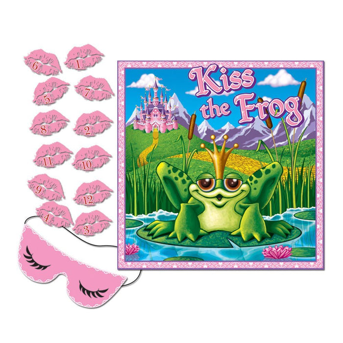 Pink kiss-shaped lip game pieces numbered 1-12 and a pink sleep mask with black eyelashes displayed with the "Kiss the Frog" game box featuring a green frog with a crown in front of a castle.
