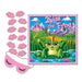 Pink kiss-shaped lip game pieces numbered 1-12 and a pink sleep mask with black eyelashes displayed with the "Kiss the Frog" game box featuring a green frog with a crown in front of a castle.