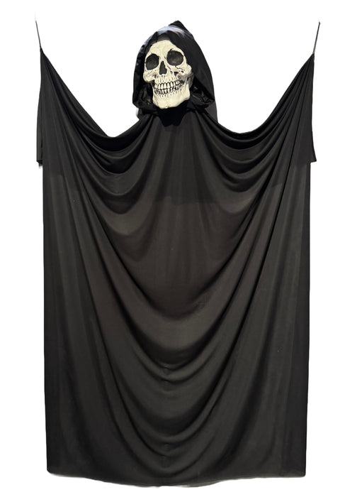 Full-length product photo of the 8 Ft. Hanging Black Reaper, shown against a plain white background. A Halloween decoration.