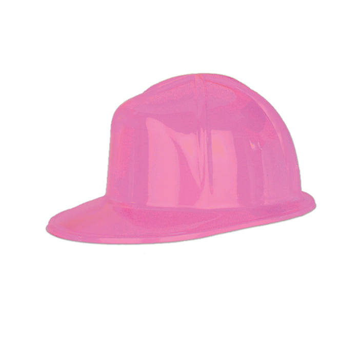 A plastic pink party decoration featuring a construction helmet design. Sold as a single piece.
