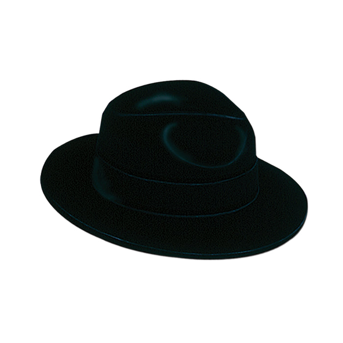 A velour black fedora hat. Sold as a single piece.