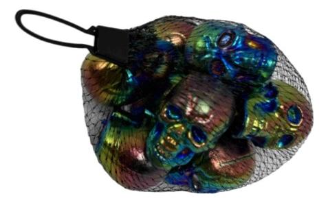 Full-length product photo of the 9 Piece Bag of 1.5" Iridescent Skulls, shown against a plain white background. A Halloween decoration.