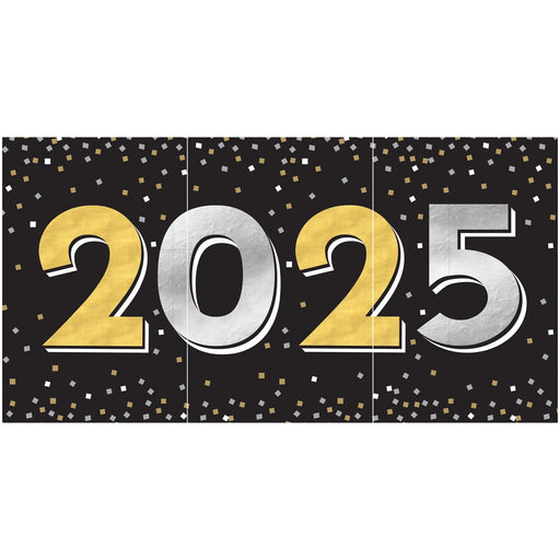 A 65 inch New Years Black, Silver, and Gold 2025 New Years Horizontal Banner.