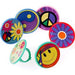Six colorful adjustable rings with vibrant designs including peace signs, flowers, smiley faces, and celestial patterns arranged in a circle on white background.