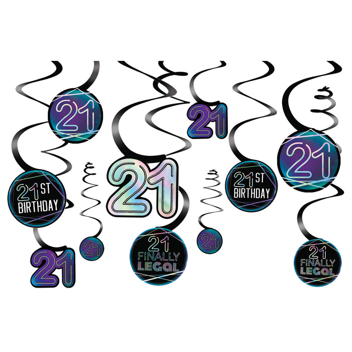 Finally 21 Spiral Decoration Pack featuring black hanging swirls with neon-style 21, 21st Birthday, and Finally Legal cutouts in teal, purple, blue, and pink.