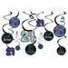 Finally 21 Spiral Decoration Pack featuring black hanging swirls with neon-style 21, 21st Birthday, and Finally Legal cutouts in teal, purple, blue, and pink.