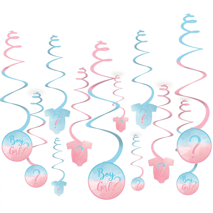 The Big Reveal Swirl Decorations with pink and blue hanging swirls, baby bodysuit cutouts, question marks, and Boy or Girl circle accents.