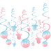 The Big Reveal Swirl Decorations with pink and blue hanging swirls, baby bodysuit cutouts, question marks, and Boy or Girl circle accents.