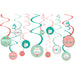 Happy Cake Day Spiral Decorations with coral, mint, and teal hanging swirls and round birthday-themed cutouts including cake, Let’s Party, and Make a Wish designs.