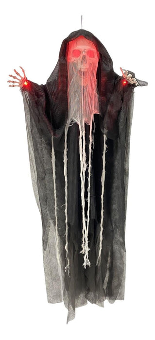 Full-length product photo of the Hanging Light-Up Skeleton Reaper, shown against a plain white background — with light-up details. A Halloween decoration.