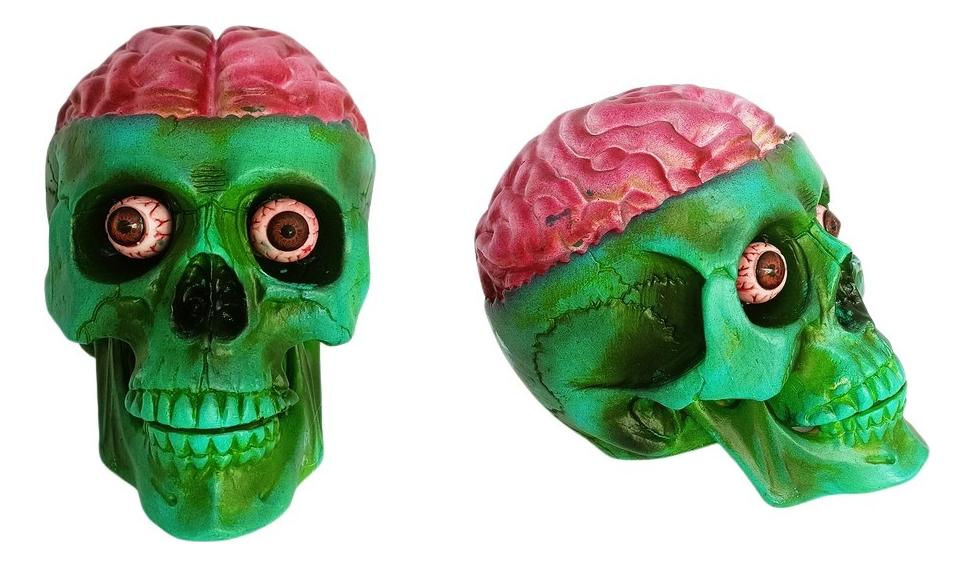 Full-length product photo of the Realistic Vinyl Green Skull with Brown, shown against a plain white background. A Halloween decoration.