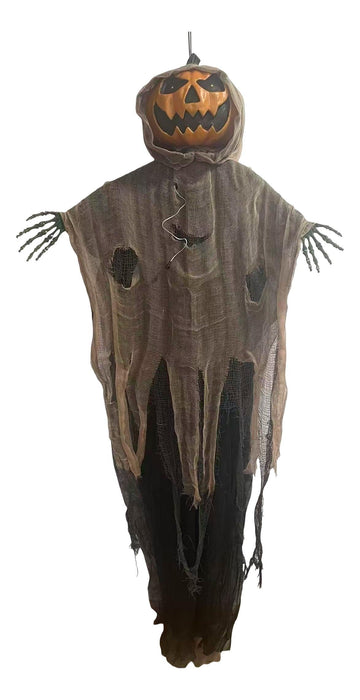 Full-length product photo of the 72" Hanging Sonic Pumpkin Man, shown against a plain white background — an animated, motion or sound-activated prop. A Halloween decoration.