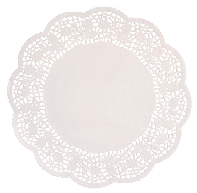 White 8.5-inch round paper doily with a lace-style cutout border, ideal for displaying small cakes, cupcakes, and desserts