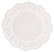White 8.5-inch round paper doily with a lace-style cutout border, ideal for displaying small cakes, cupcakes, and desserts