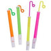 Four neon plastic flutes in orange, green, yellow, and hot pink with white mouthpieces and small circular loops at the top.