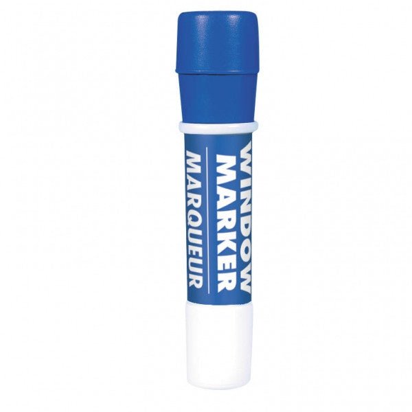 Blue window marker with white barrel and blue cap, displaying white text on the blue label band.