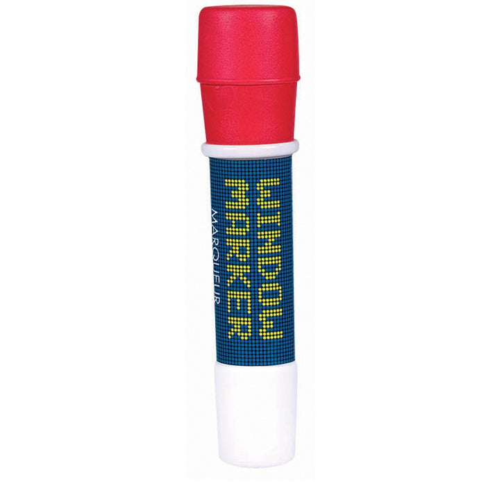 Red window marker with blue band featuring yellow dotted text, white base, and red cap for school spirit decoration.
