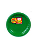 Bright green round plastic plate with ridged edges and "Big Party Pack 50 Plastic Plates" label in the center.