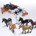 Set of 12 plastic toy horses in various colors including brown, black, white, and tan, displayed standing on a white surface.