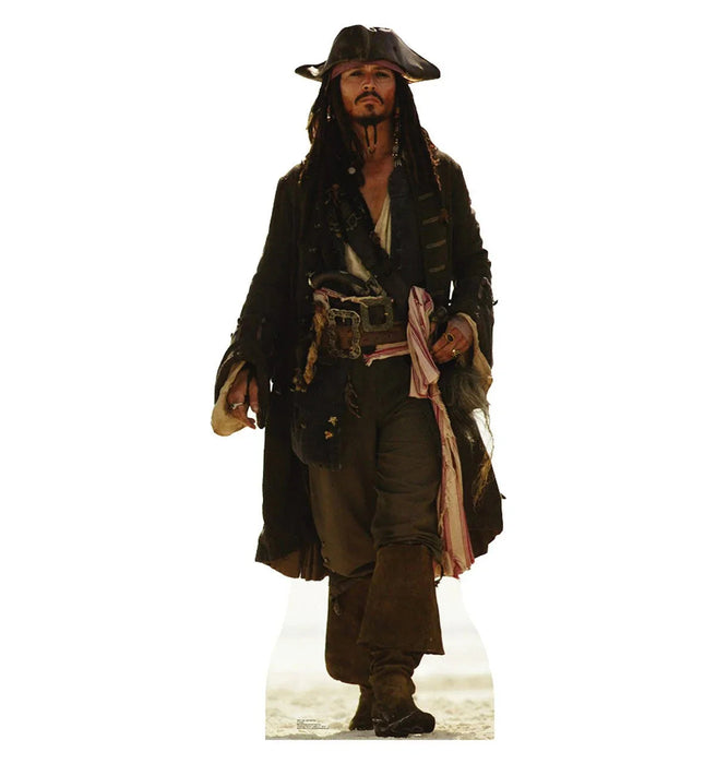 Life-size cardboard standup of a pirate character wearing a black tricorn hat, long dreadlocks with beads, dark coat, and striped sash against a white background.