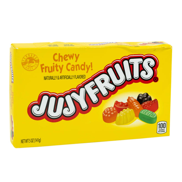 Jujyfruits: chewy fruit gumdrops. Sold in a 5 oz rectangular cardboard theater box, printed with the brand name and product.