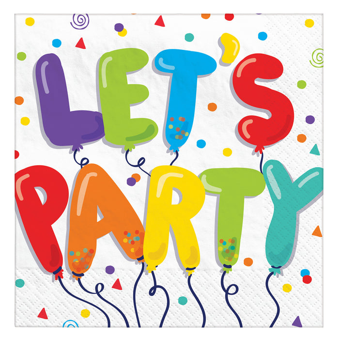 A stack of square paper party napkins, featuring a printed colorful balloon design (pack of 36).