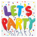 A stack of square paper party napkins, featuring a printed colorful balloon design (pack of 36).