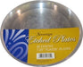Clear plastic plates with blue and gold decorative etched design on the packaging label showing "Sovereign Etched Plates, 25 count, 7.25" plastic plates.