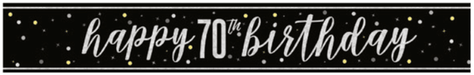Black banner with white script text reading "happy 70th birthday" surrounded by gold and white dots on a dark background.
