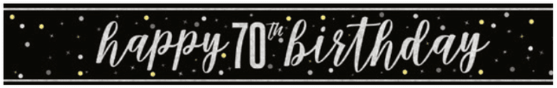 Black banner with white script text reading "happy 70th birthday" surrounded by gold and white dots on a dark background.