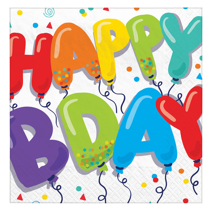 Birthday Balloons Luncheon Napkins featuring colorful balloon letters spelling Happy Birthday with confetti accents on a white background.