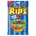 Rips Strawberry Green Apple: sour chewy candy strips, green in color. Sold in a 4 oz clear plastic peg bag that hangs from a printed header card, with the candy visible inside.