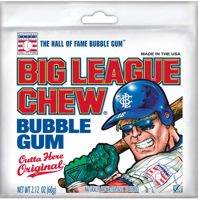 Big League Chew Original Bubblegum: shredded bubble gum, in a mix of bright colors. Sold in a 2.12 oz stand-up pouch, printed with the brand name and product.