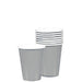 Stack of silver paper cups with white rims, showing one cup in front and approximately eight cups stacked behind it.