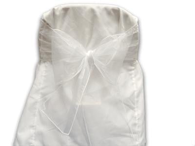 White organza chair bow with long trailing ribbons displayed flat against a white background.