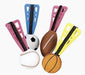 Six colorful foam launcher toys in blue, pink, and yellow with black straps, each paired with a soft sport ball including a soccer ball, baseball, and basketball.