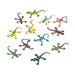 Assorted colorful vinyl lizard figurines with glitter details arranged in a circle, featuring various colors including yellow, orange, green, teal, brown, and red.