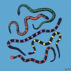 Six colorful coiled toy snakes with striped patterns in red, blue, purple, yellow, and black arranged on a blue background.